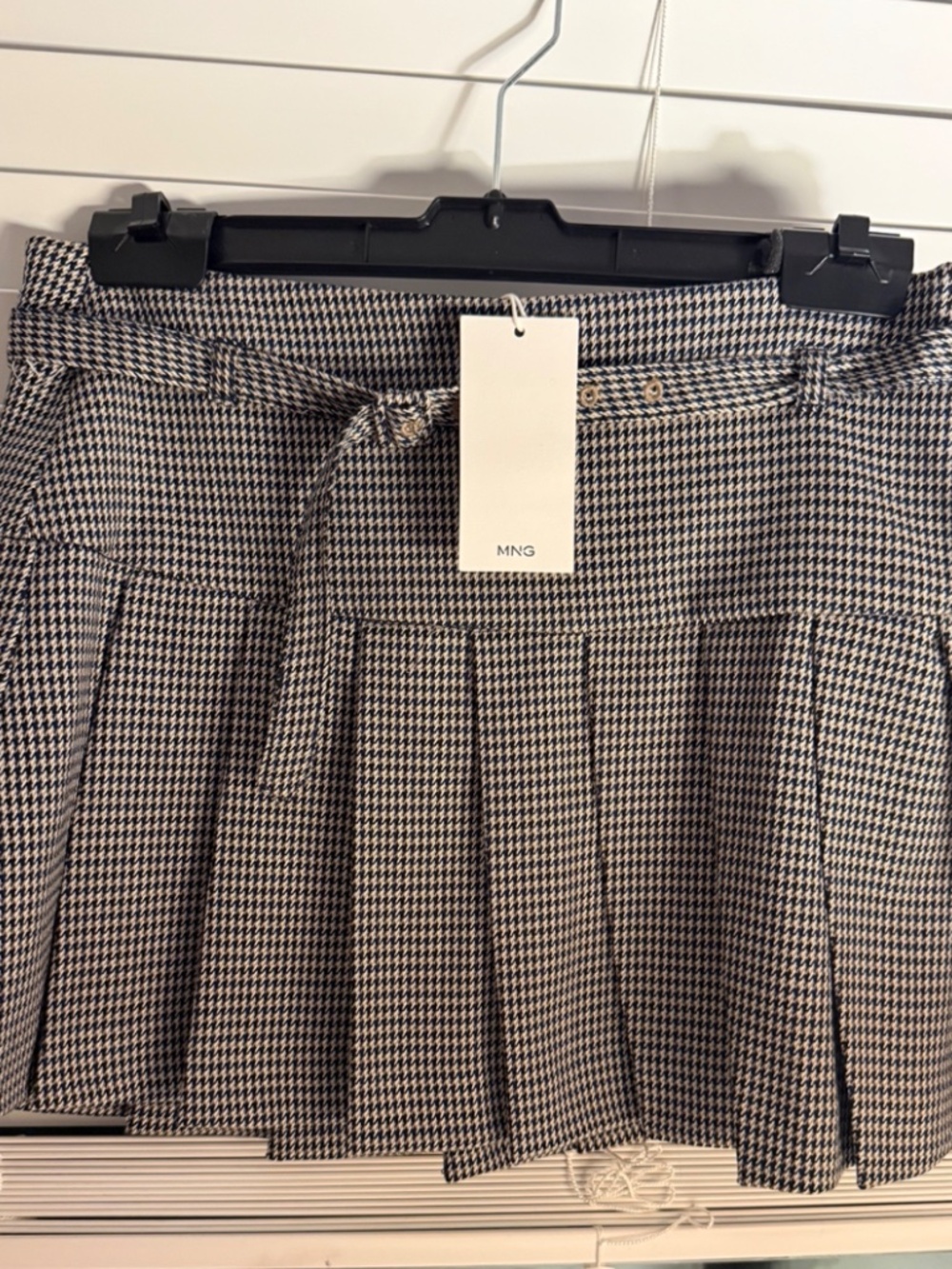 Mango MNG Houndstooth Pleated Mini Skirt Belted XS NWT